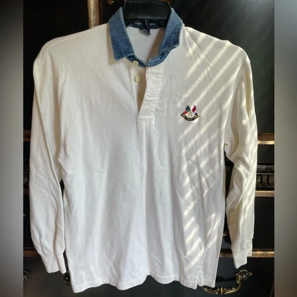 Vintage Ralph Lauren polo with denim collar. Long sleeve. White. Size small. - Picture 1 of 5
